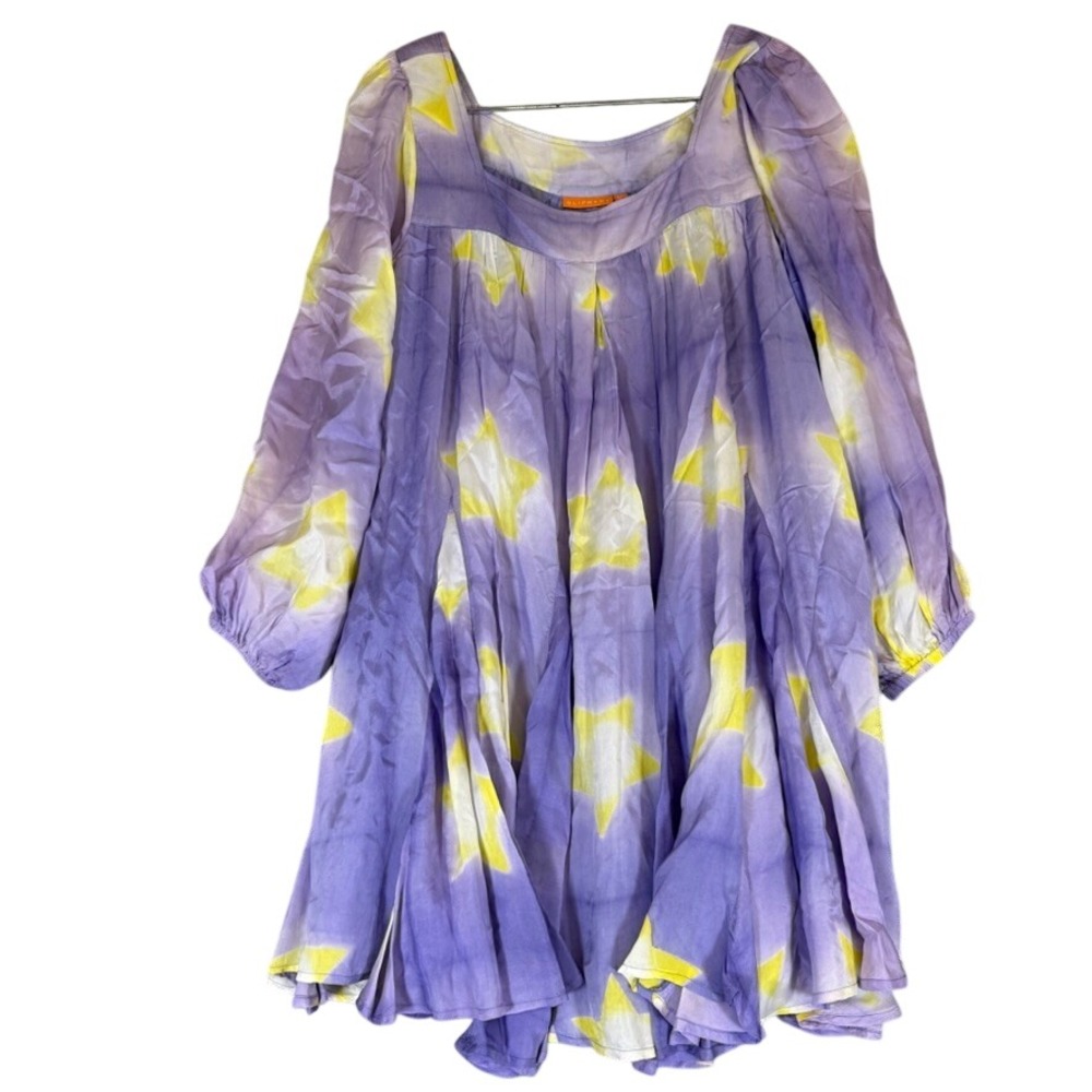 Oliphant Purple Yellow Star Tie Dye Square Neck Long Sleeve Mini Dress
